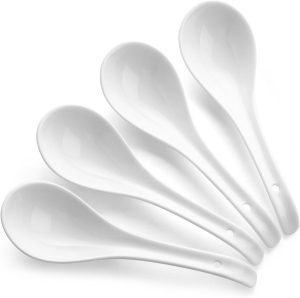 Soup Spoons, Ceramic Chinese Soup Spoons, Asian Soup Spoons, White Japanese Spoon Large for Ramen Pho Wonton Dumpling Miso, Deep Oval Hook Design, Set of 4