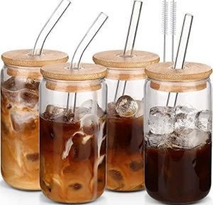 Glass Cups with Lids and Straws 4 pcs,16oz Drinking Glasses Set for Coffee Bar Accessories Iced Coffee Cups with Lids,Glass Tumbler Reusable for Gifts