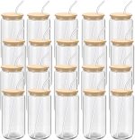 20 Pack Glass Cups with Bamboo Lids and Glass Straw 16oz Beer Can Shaped Drinking Glasses Cups, Glass Tumbler Reusable Cute Cups for Whiskey, Iced Coffee, Tea, Soda, Cocktail, Gift, Clear