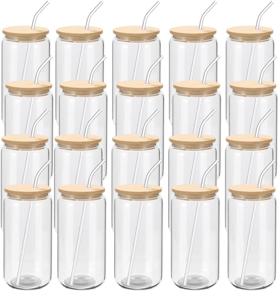 20 Pack Glass Cups with Bamboo Lids and Glass Straw 16oz Beer Can Shaped Drinking Glasses Cups, Glass Tumbler Reusable Cute Cups for Whiskey, Iced Coffee, Tea, Soda, Cocktail, Gift, Clear