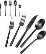 Silverware Set with Serving Utensil Set Black Flatware Set Hand Forged Stainless Steel Cutlery Set 45 Pieces Matte Finished Hexagon Handle Service for 8