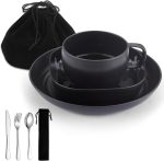 Camping Utensils,  Camping Plates and Bowls Set with Coffee Mug, Travel Cutlery Include Spoon, Fork, Knife for Home, Poolside, Outdoor, Picnic, Camp