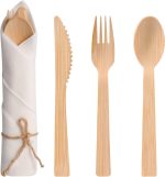 Pre Rolled Napkin and Bamboo Cutlery Set - 300Pack Bamboo Utensils/Compostable Cutlery(300 Forks, 300 Knives, 300 Spoons, 300 Napkins), Biodegradable Wrapped Cutlery for Party, Wedding, Events