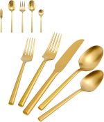 Silverware Set with Serving Utensil Set Matte Gold Flatware Set Hand Forged Stainless Steel Cutlery Set 45 Pieces Matte Finished Hexagon Handle Service for 8, DE1004