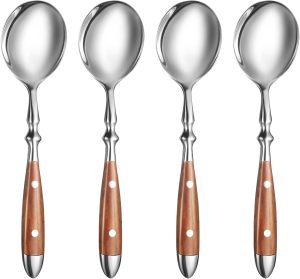 Soup Spoons，4Pcs Soup Spoons Set，Stainless Steel 18/8 Spoons with Comfortable Bakelite Handle，Heavy-Weight Metal Round Spoons，Wood Grain Handle