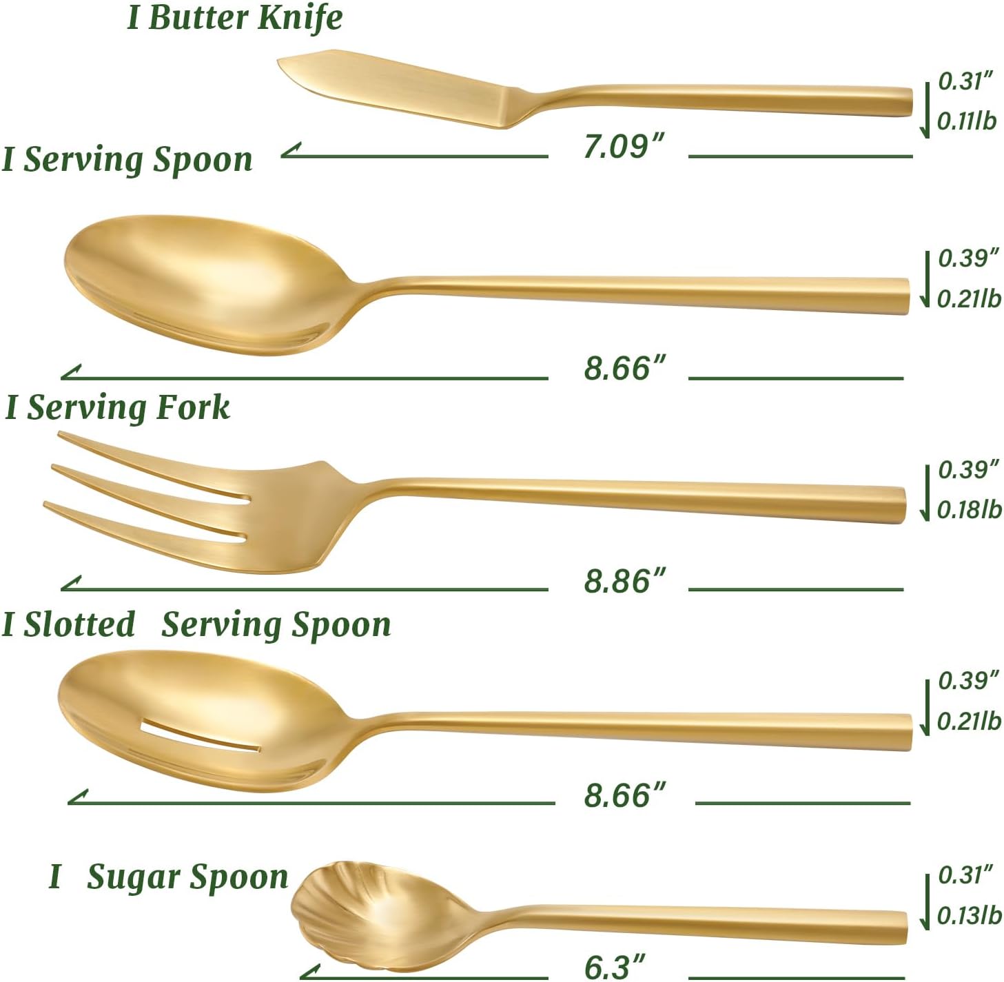 Silverware Set with Serving Utensil Set Matte Gold Flatware Set Hand Forged Stainless Steel Cutlery Set 45 Pieces Matte Finished Hexagon Handle Service for 8, DE1004 - Image 2