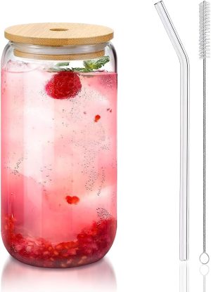 Glass Cups with Lids and Straws 1Pack,Glass Coffee Cups,Glass Cup with Lid for Iced Coffee,Smoothie,Cocktail,Beer,Whiskey,Soda,Matcha,16 Oz Glass Cup with Bamboo Lid,1 Brush