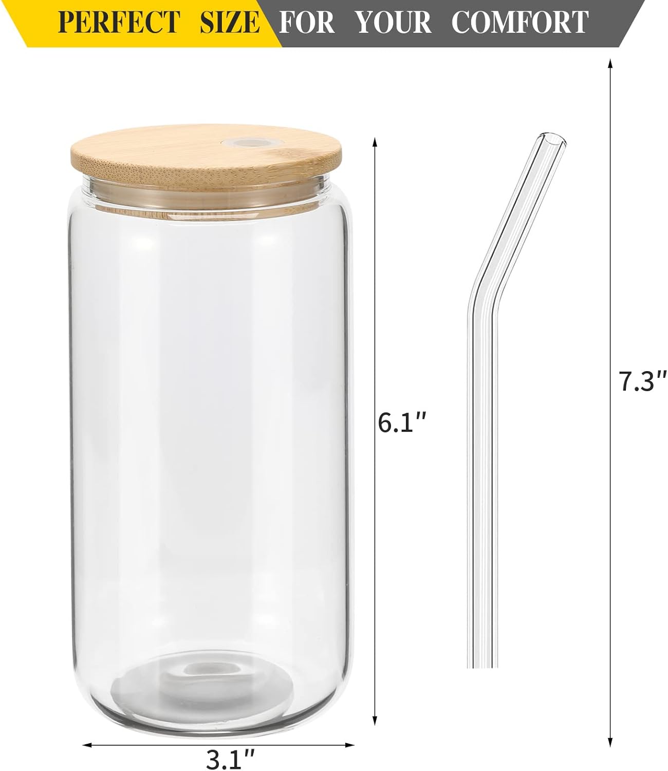 20 Pack Glass Cups with Bamboo Lids and Glass Straw 16oz Beer Can Shaped Drinking Glasses Cups, Glass Tumbler Reusable Cute Cups for Whiskey, Iced Coffee, Tea, Soda, Cocktail, Gift, Clear - Image 2
