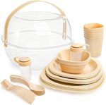 46 Pack Camping Dinnerware Set for 6 Portable, Reusable Plastic Plate Bowl Fork Spoon Salt Pepper Shaker Set with Basket, Food Grade Picnic Dishes Cutlery Kit for Outdoor, Party, Travel, BBQ