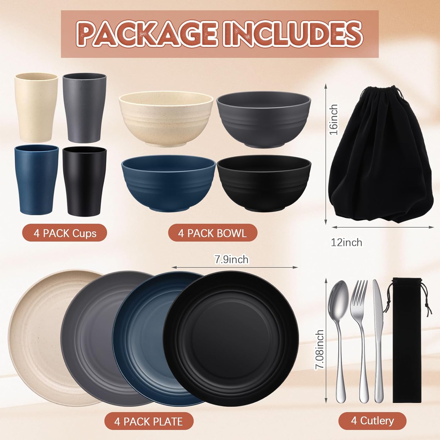 4 Sets Camping Mess Kits for 4 Person Camping Silverware Set Include Cup, Bowl, Plate, Knife, Spoon, Fork Cutlery Set Unbreakable Wheat Straw Dinnerware Utensils for Travel, Picnic, Outdoor - Image 2