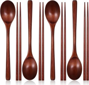 Wooden Spoon and Chopsticks, 8 Pcs Reusable Wooden Spoons Chopsticks Set Tableware Combination for Stirring Cooking Eating 9.3 Inch