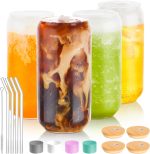 Drinking Glass Set of 4, 16oz Can Shaped Glasses Cups, Iced Coffee Glasses, Beer Tumbler, for Whiskey, Soda, Tea, Juice, Gift, with Lid, Straw