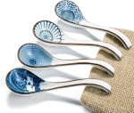 Asian Ceramic Soup Spoon, with Long Handle Easy to Hold, Non-slip Bottom, for Japanese Ramen, Chinese and Vietnamese Wonton, Noodle Soup Spoons (V86)