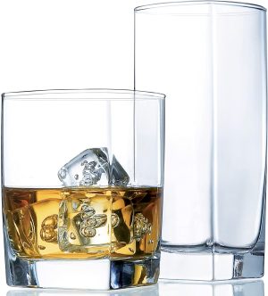 Everyday Drinking Glasses Set of 16 Drinkware Kitchen Glasses for Cocktail, Iced Coffee, Beer, Ice Tea, Wine, Whiskey, Water, 8 Tall Highball Glass Cups & 8 Short Old Fashioned