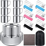 Outdoor Camping Cookware Mess Kit Polished Stainless Steel Dishes Camping Utensils Portable Tableware with Plates Cups Spoons Forks Knives Mesh Bag for Backpacking Hiking