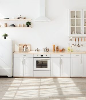 Kitchen with light walls, white furniture and shelves with crockery and plants in pots, small refrigerator in dining room scandinavian design, empty space. Modern interior with sunbeams on the floor